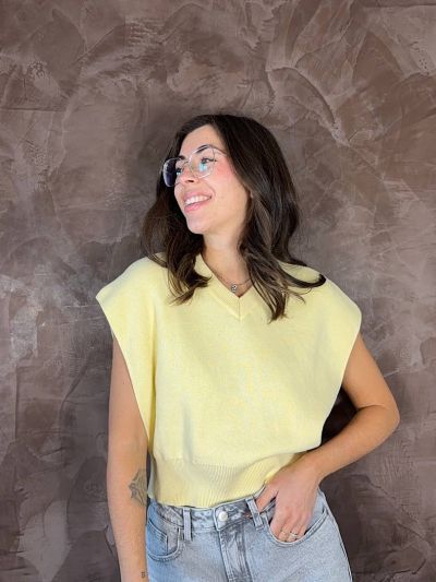 Gilet donna smanicato giallo in maglia leggera primavera estate - La Mercerie