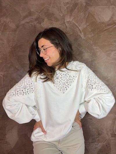 felpa donna con inserto macrame bianco tono su tono