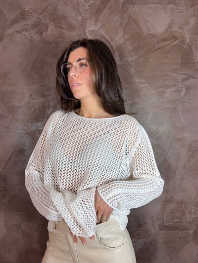 Maglia traforata Susy Mix donna con scollo a barchetta bianca