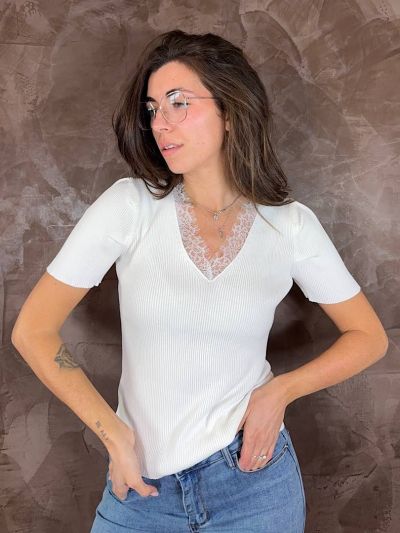 Maglia donna Roma bianca con pizzo e scollo a V primavera estate - La Mercerie