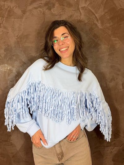 felpa donna garzata con frange azzurra