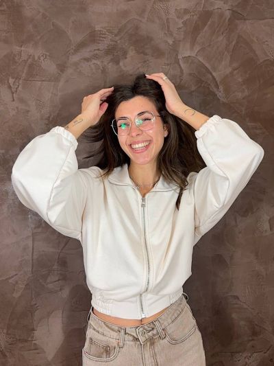 Felpa zip donna basic modello cropped con elastico in vita burro