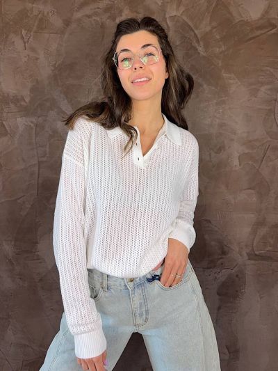polo Cleola Artlove donna bianca traforata maglia casual chic