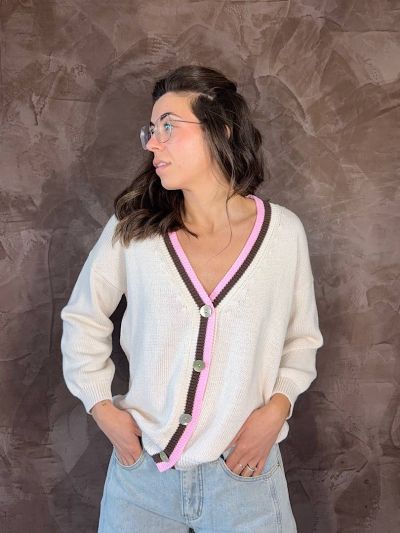 cardigan Giusy donna Panna con bottoni dettagli a contrasto casual chic