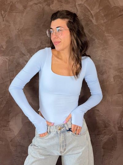 body donna azzurro con manicotti maniche lunghe aderente elegante