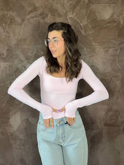 body donna azzurro con manicotti maniche lunghe aderente elegante