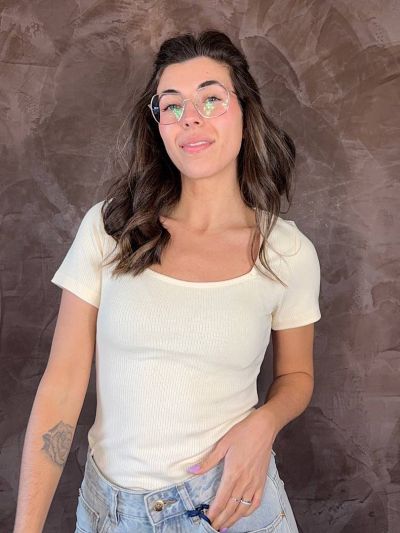 maglia Artlove donna giallo pastello scollo quadrato aderente casual chic