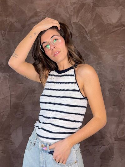 top Anissia Artlove donna righe bianco nero halter casual chic