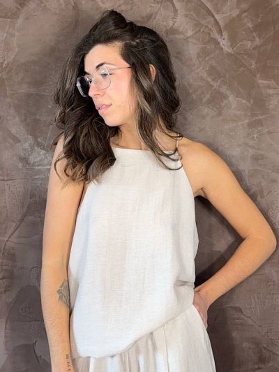 top Marena Artlove donna beige fluido elegante senza maniche casual chic