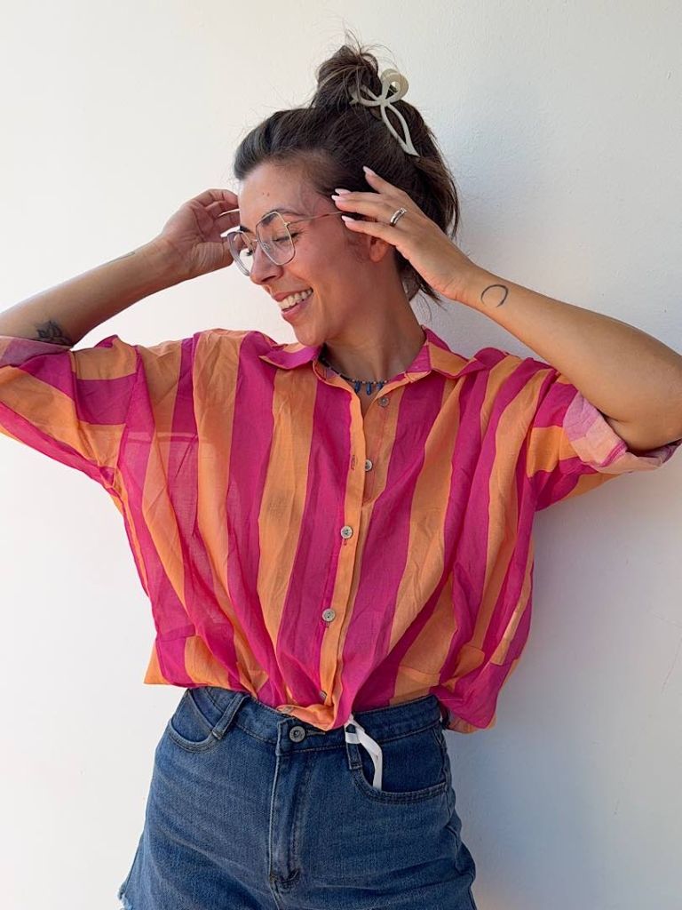 Camicia a righe fucsia arancio