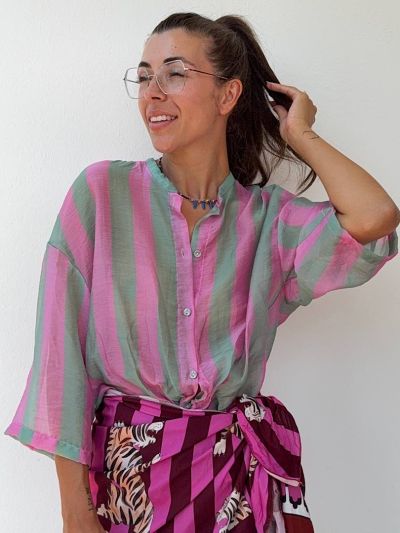 Camicia a righe salvia e rosa