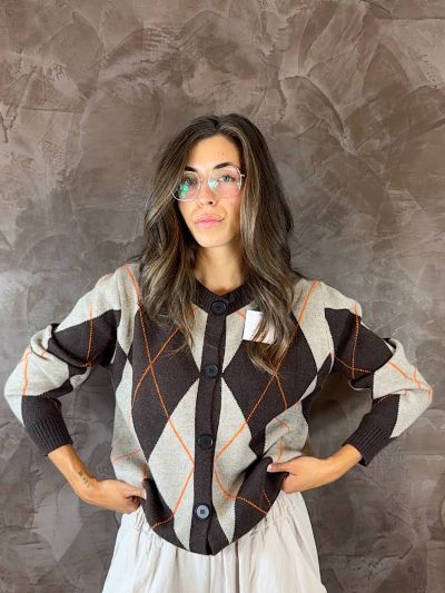 Cardigan a Rombi Marrone e Beige