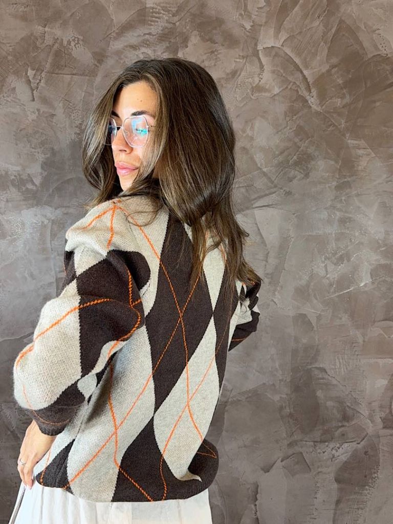 Cardigan a Rombi Marrone e Beige