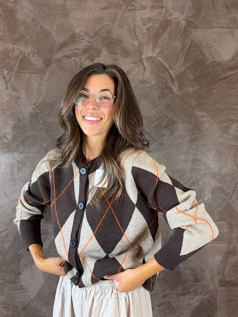 Cardigan a Rombi Marrone e Beige