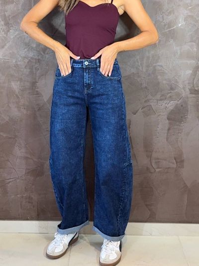 Jeans barrel donna blu medio elasticizzato modello arco